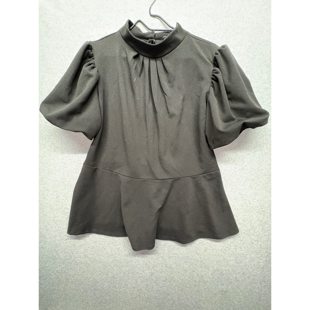 Ashley Stewart Black Puff Sleeve Mock Neck Peplum Top Plus Size 18/20